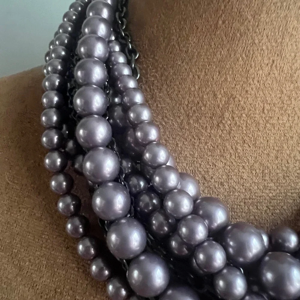 Lia Sophia Multi Strand Purple Glass Pearl Necklace Gunmetal Chain 15-18